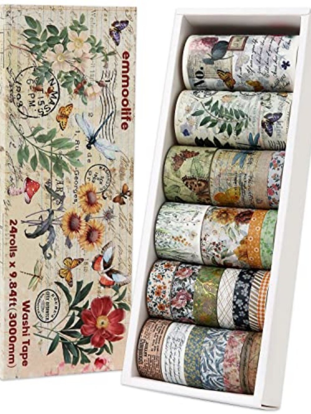 24 Rolls Vintage Washi Tape Set, Floral Letter Butterfly Mushroom Botanical Flow